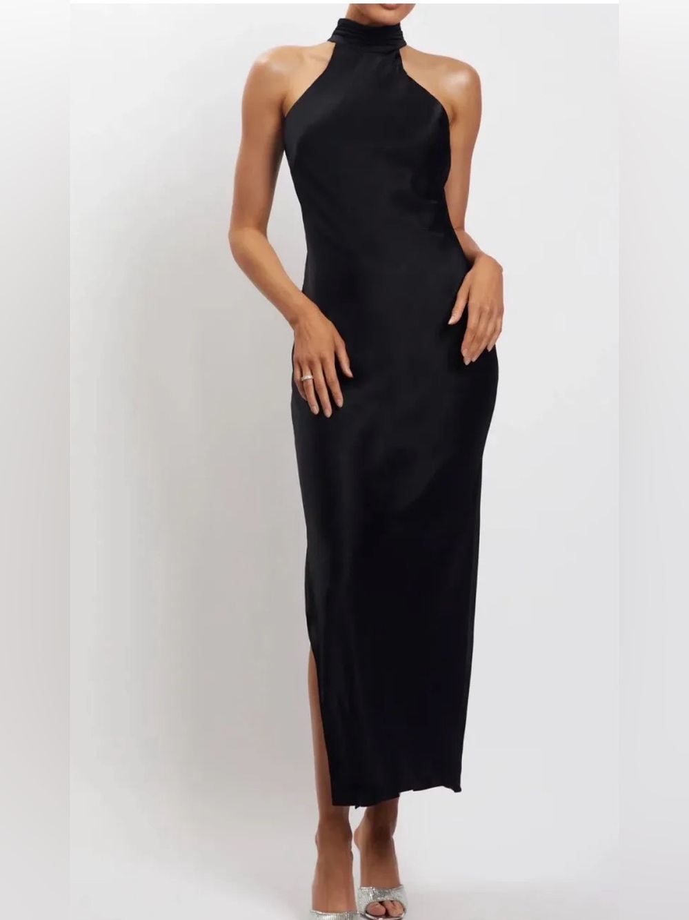 Meshki Black CLAIRE Hater Neck Satin Maxi Dress Size S